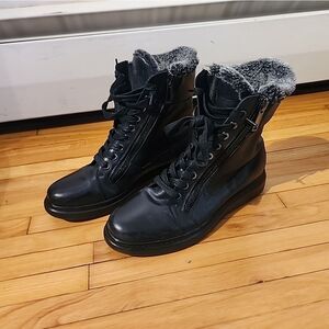 Karl Lagerfeld Black Lace-Up Ankle Boots with Gray Faux Fur